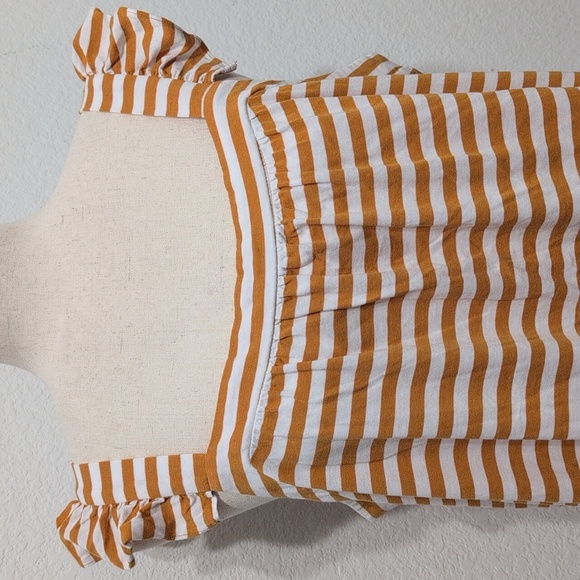 Michael Kors Striped Ruffle Tank Top Deep Gold and White Stripe women's Large - Picture 2 of 9